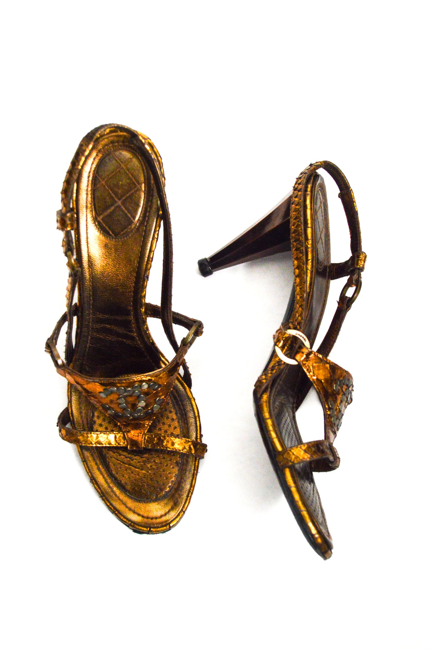 Chanel Copper Python Heels Featuring A Slingback Style And Studded CC