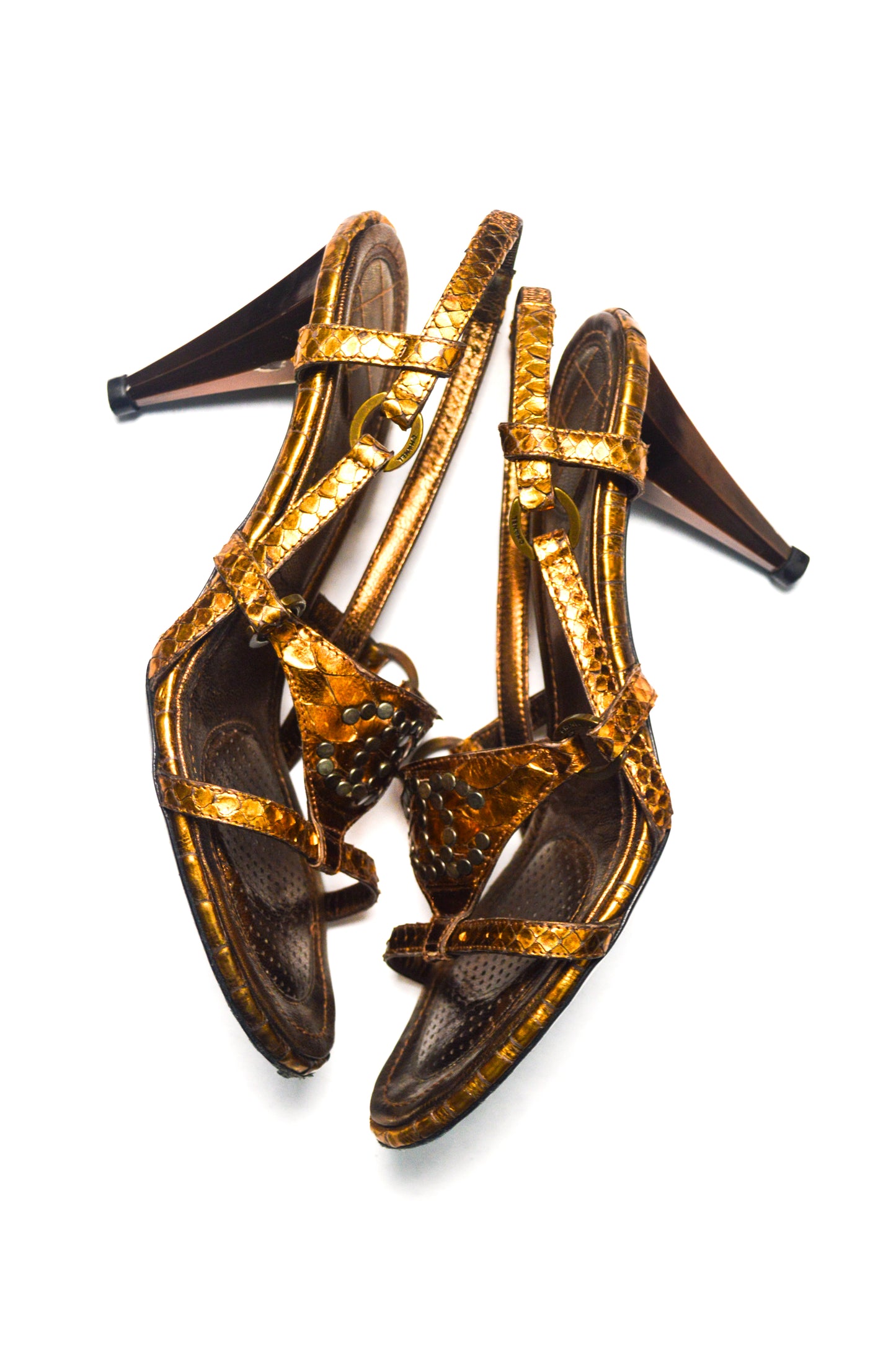Chanel Copper Python Heels Featuring A Slingback Style And Studded CC