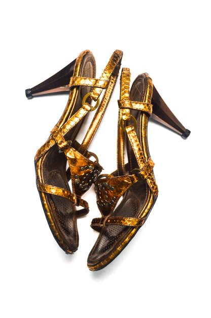 Chanel Copper Python Heels Featuring A Slingback Style And Studded CC