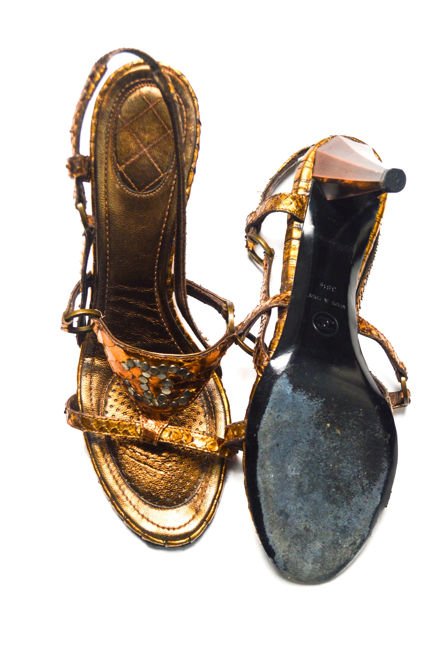 Chanel Copper Python Heels Featuring A Slingback Style And Studded CC
