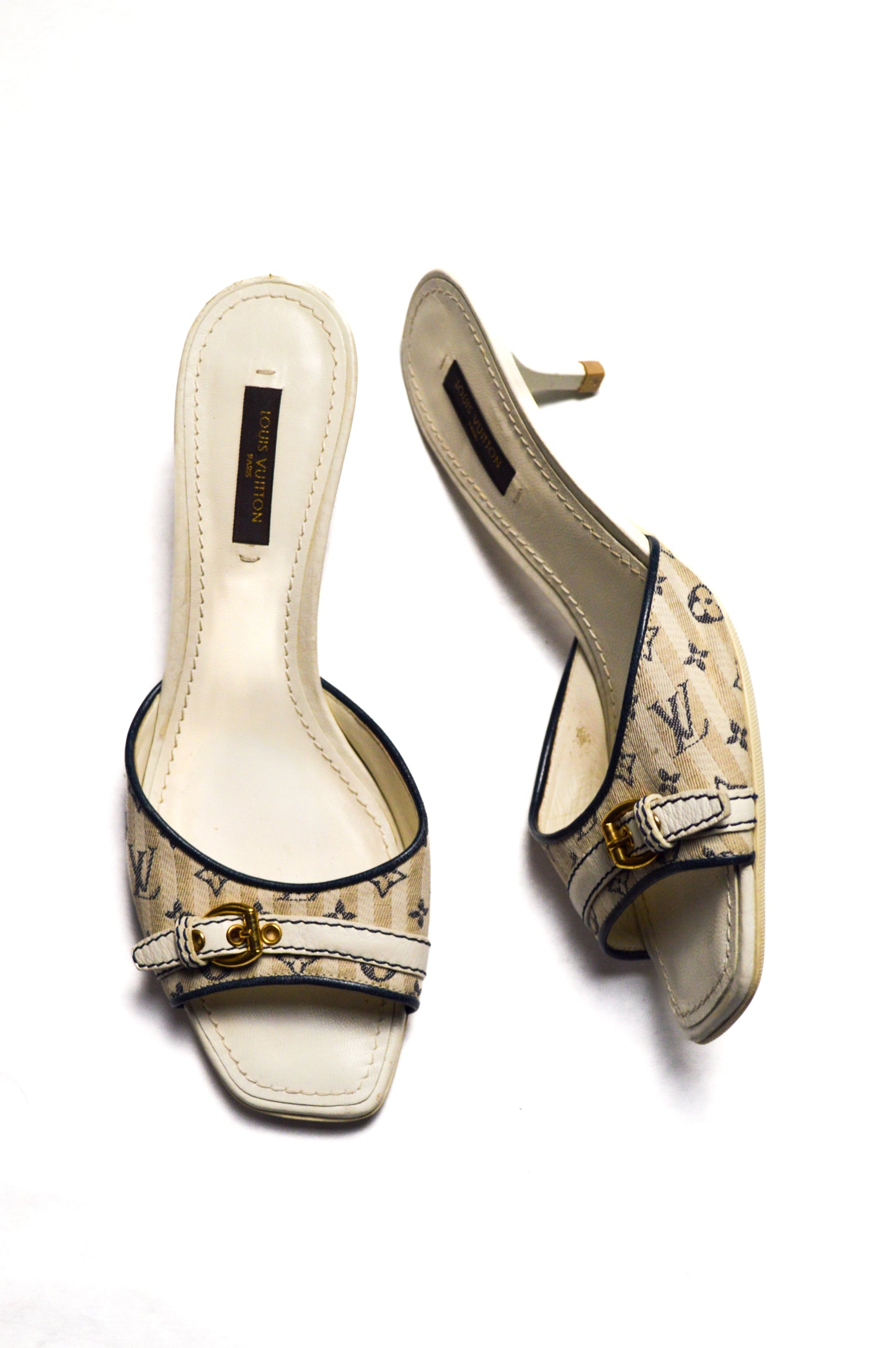 Louis Vuitton White Monogram Mules with Gold Buckle