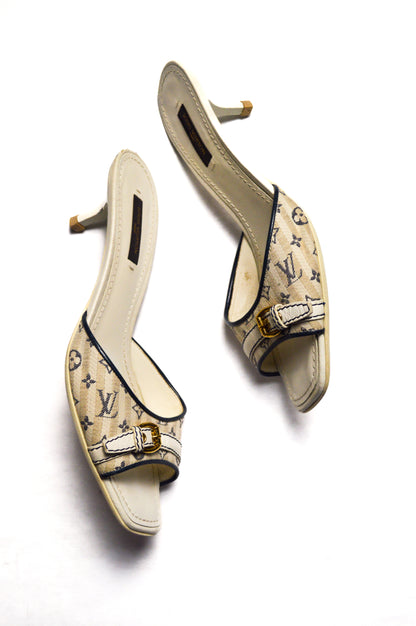 Louis Vuitton White Monogram Mules with Gold Buckle
