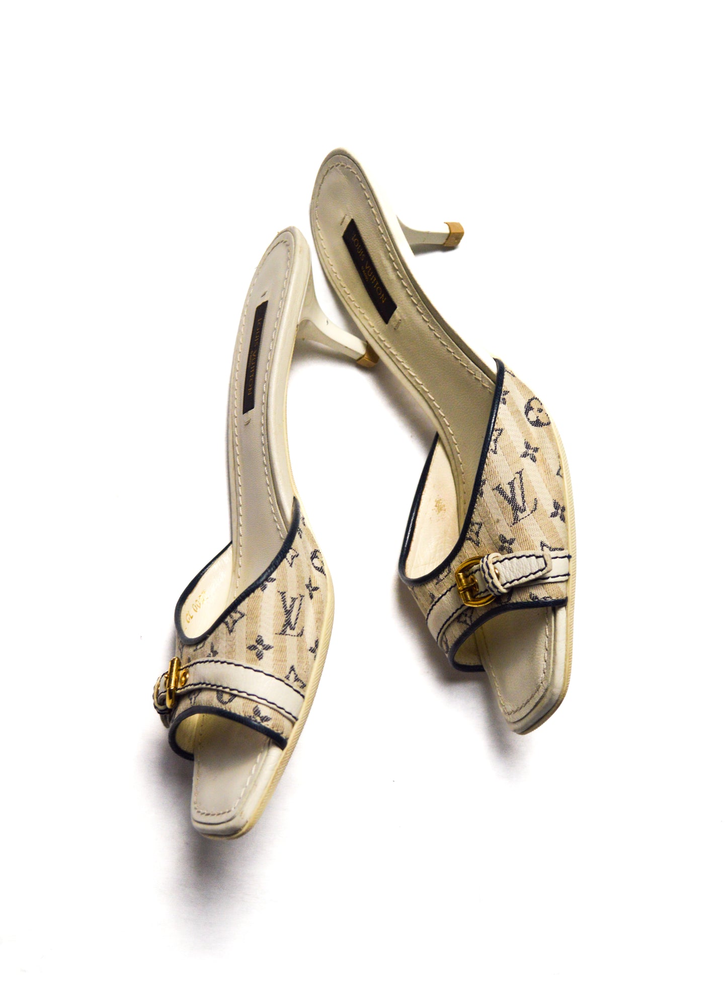 Louis Vuitton White Monogram Mules with Gold Buckle