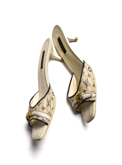Louis Vuitton White Monogram Mules with Gold Buckle
