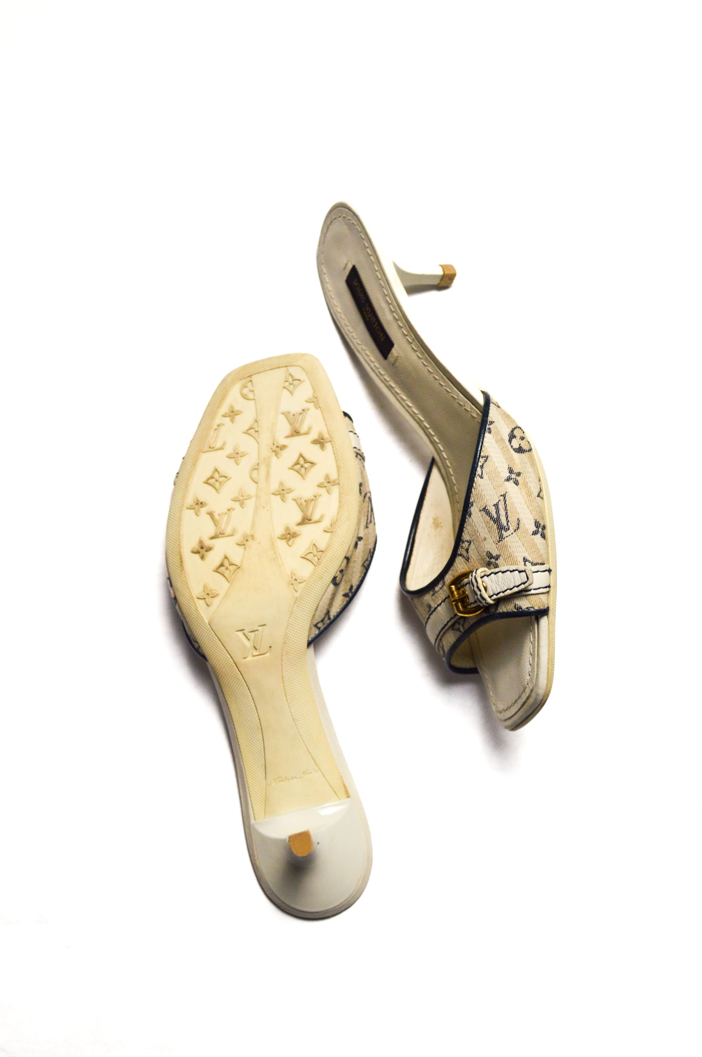 Louis Vuitton White Monogram Mules with Gold Buckle