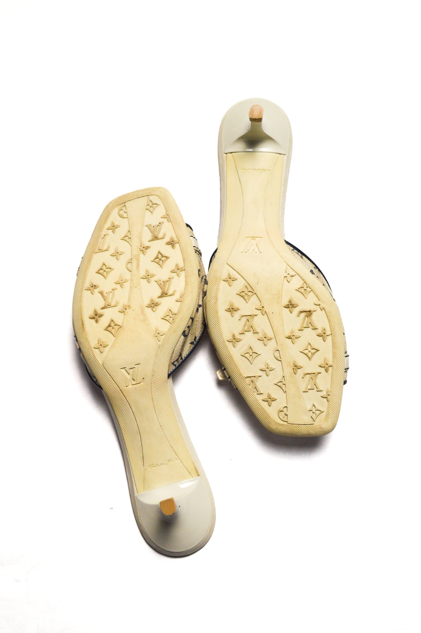 Louis Vuitton White Monogram Mules with Gold Buckle