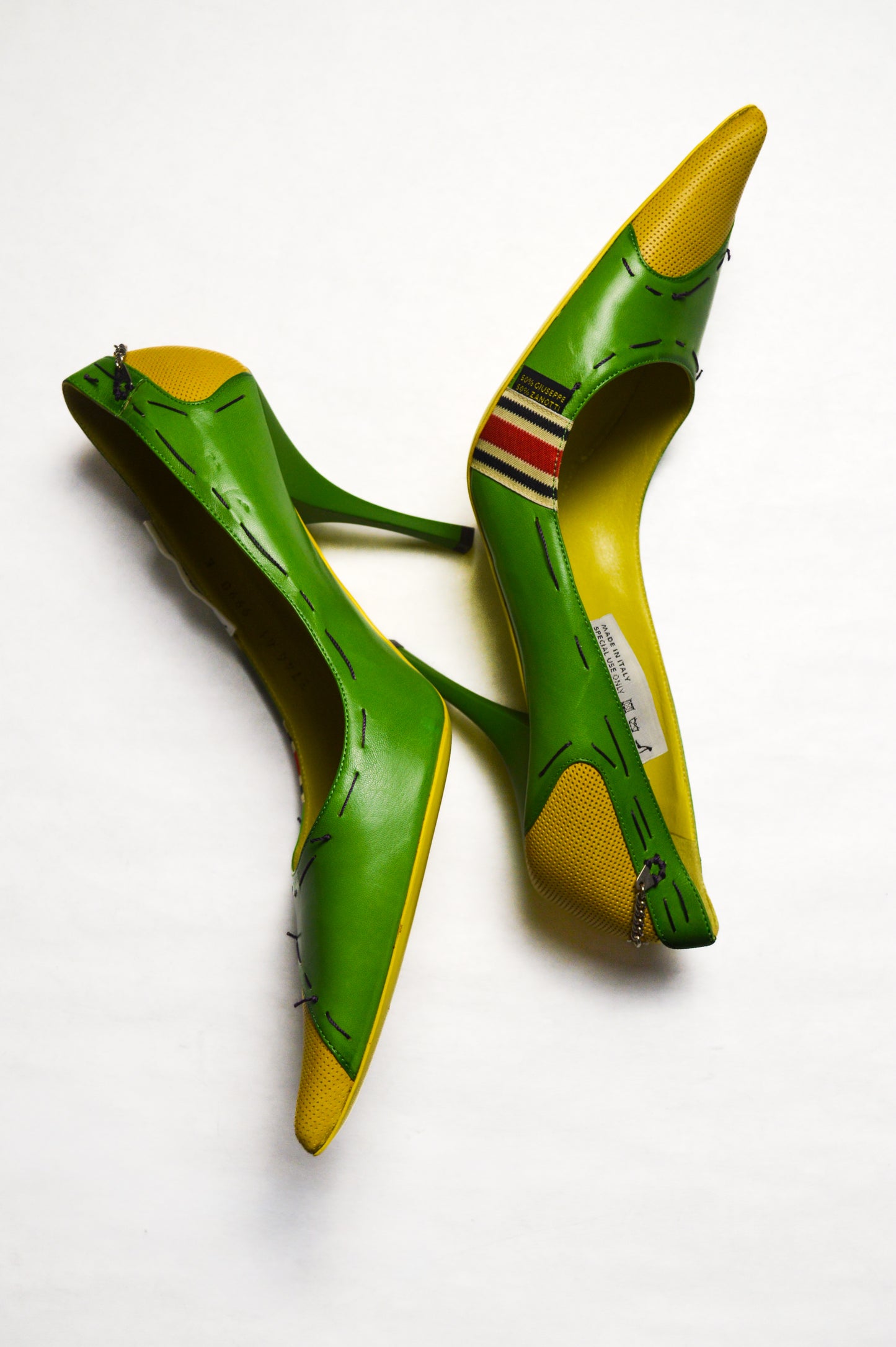 Giuseppe Zanotti Green and Yellow Metal Tagged Heels