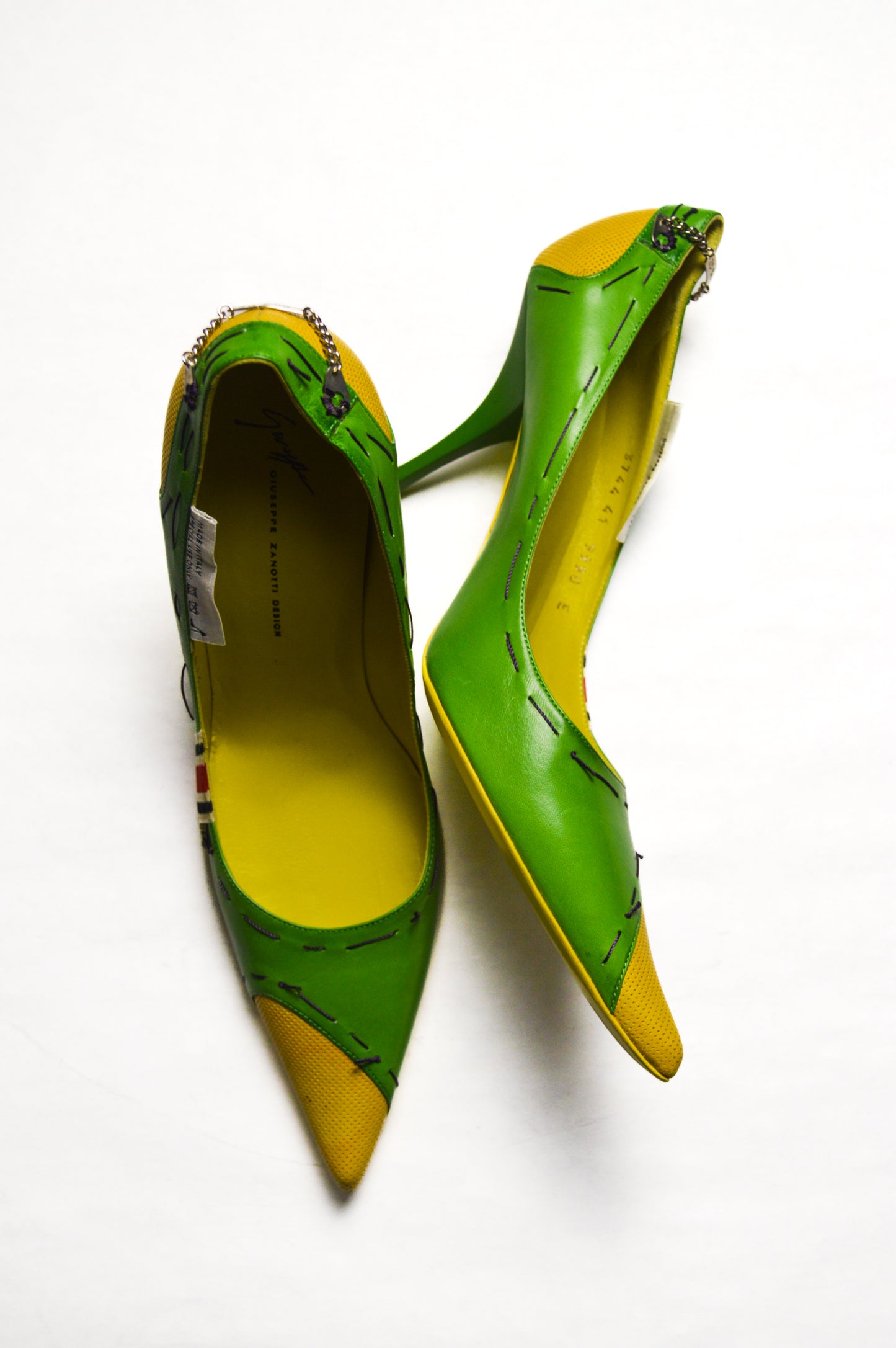 Giuseppe Zanotti Green and Yellow Metal Tagged Heels