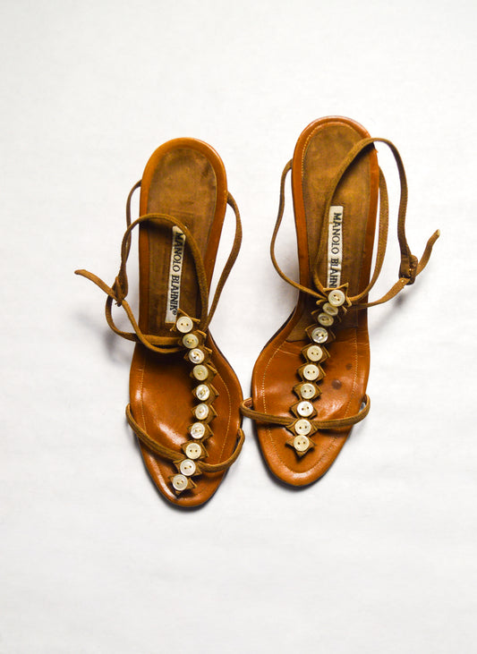 SATC Pete’s Favorite Chew Toy Manolo Blahnik Brown Button Heels