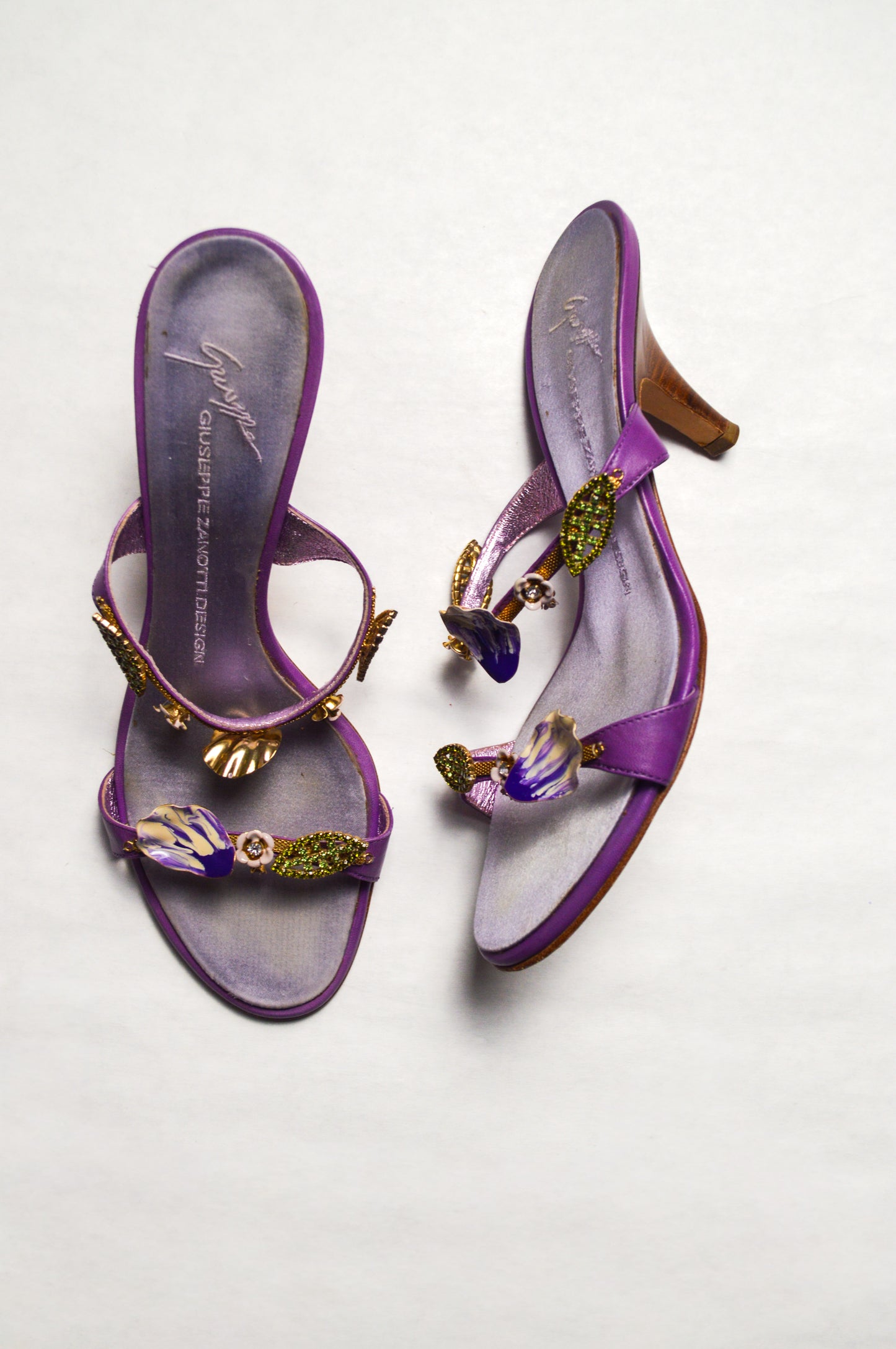Giuseppe Zanotti Italian Vintage Floral Purple Sandal Heels
