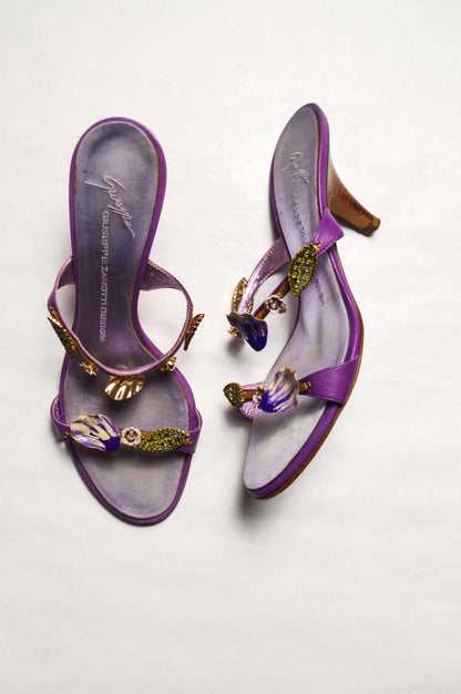 Giuseppe Zanotti Italian Vintage Floral Purple Sandal Heels
