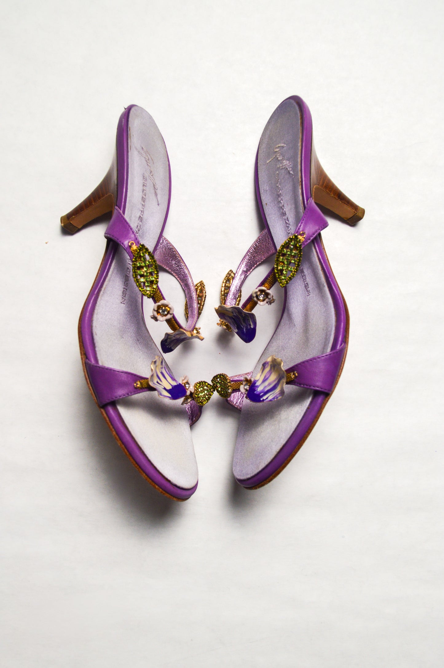Giuseppe Zanotti Italian Vintage Floral Purple Sandal Heels