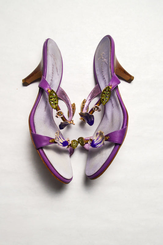 Giuseppe Zanotti Italian Vintage Floral Purple Sandal Heels