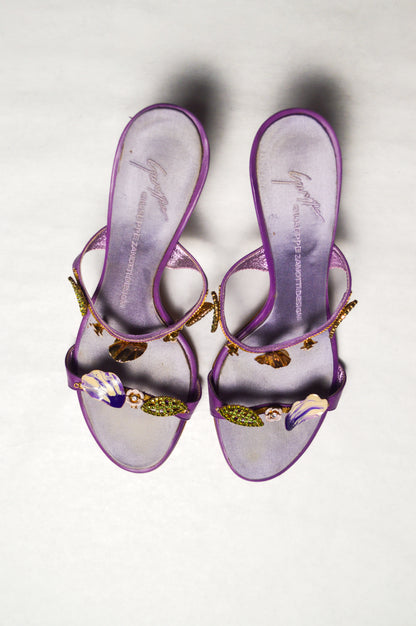 Giuseppe Zanotti Italian Vintage Floral Purple Sandal Heels