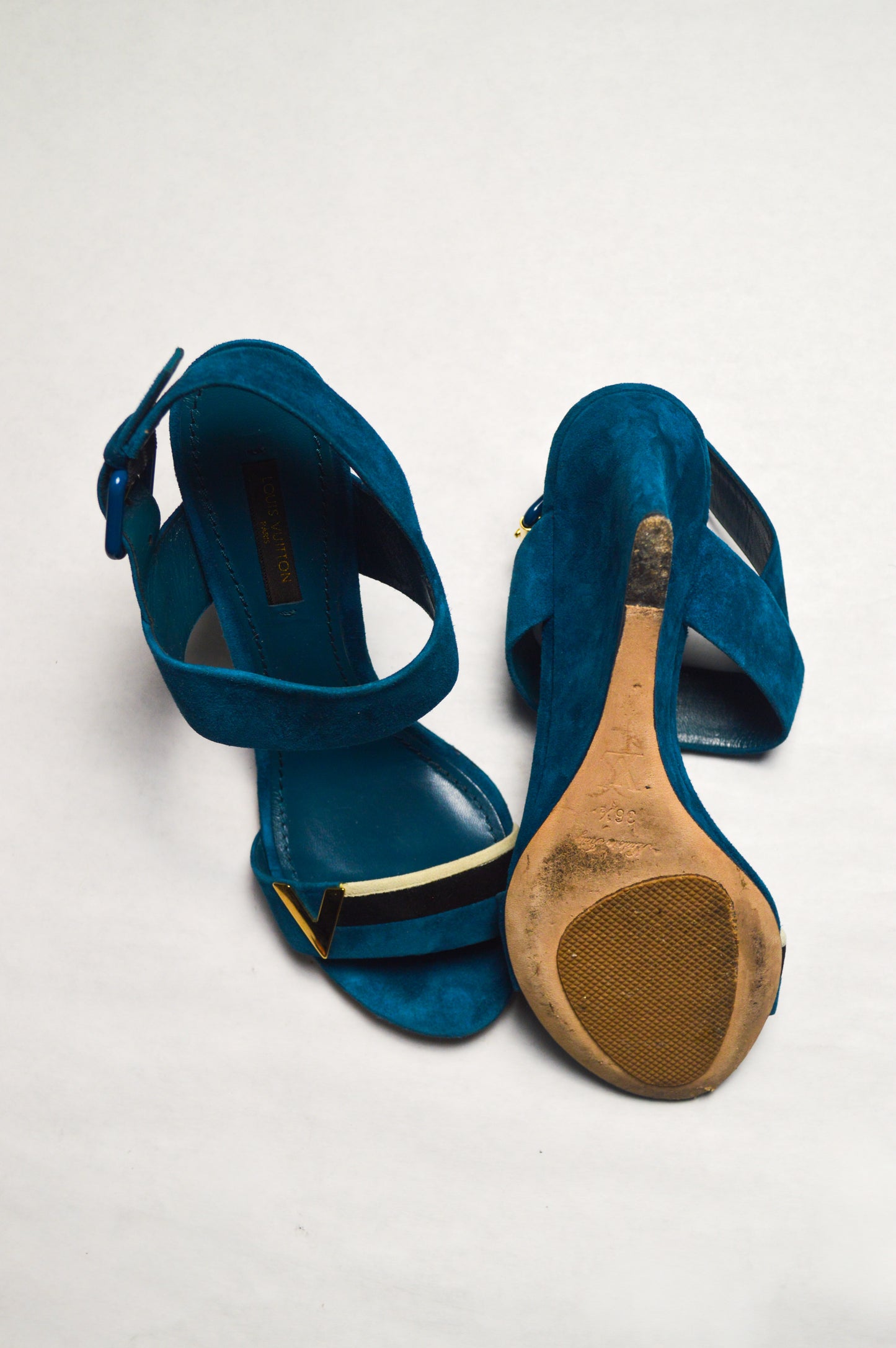 Blue Velvet Louis Vuitton Sandals with black and white stripes