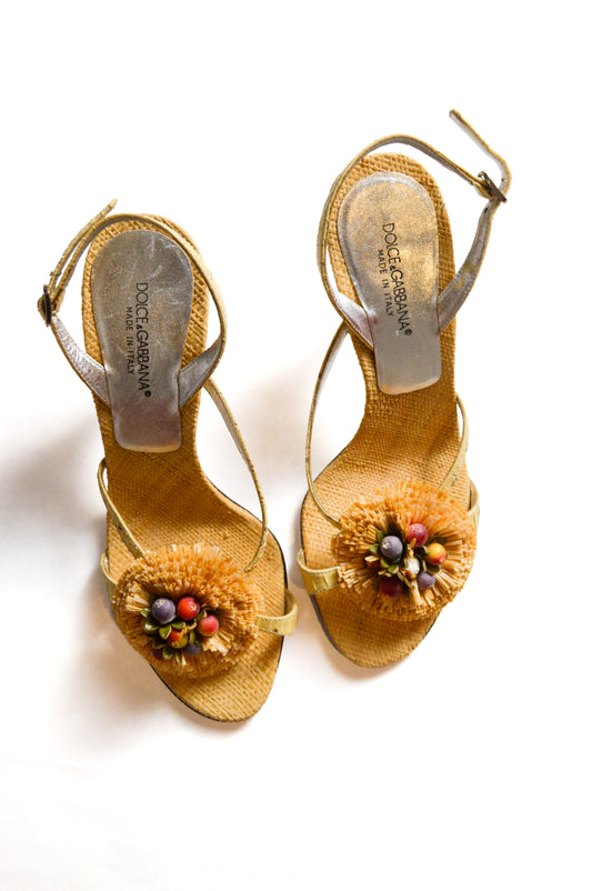 Beige Dolce & Gabbana Woven Jute And Straw Heels With Snakeskin Accents