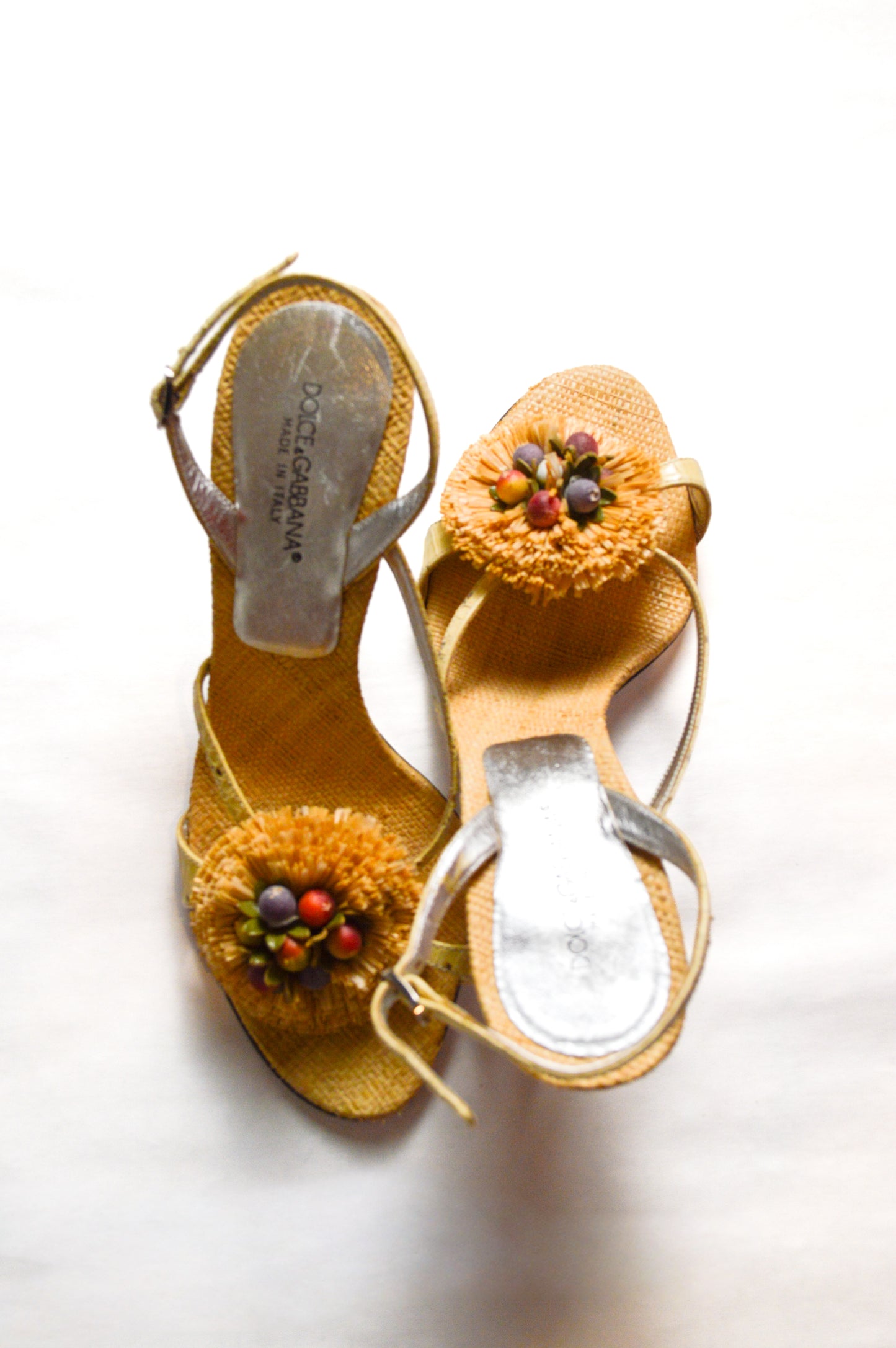 Beige Dolce & Gabbana Woven Jute And Straw Heels With Snakeskin Accents