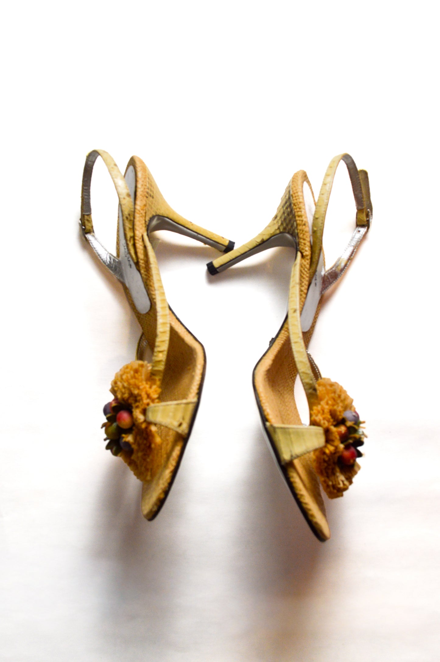 Beige Dolce & Gabbana Woven Jute And Straw Heels With Snakeskin Accents
