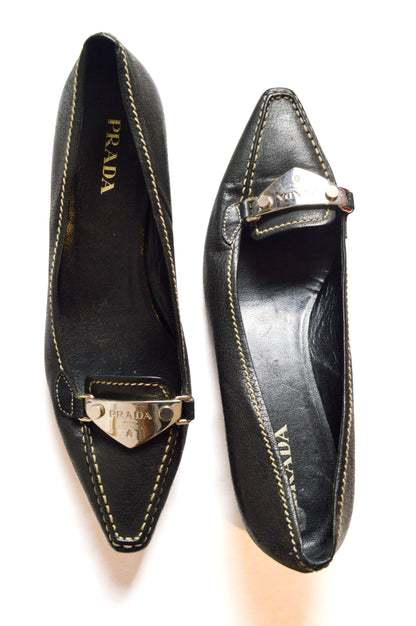 Black Prada Leather Flats With Silvertone Logo