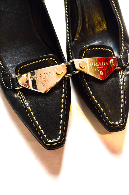 Black Prada Leather Flats With Silvertone Logo