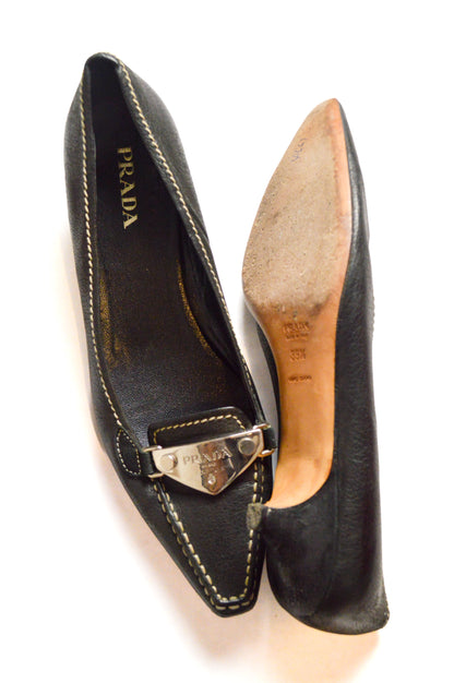 Black Prada Leather Flats With Silvertone Logo