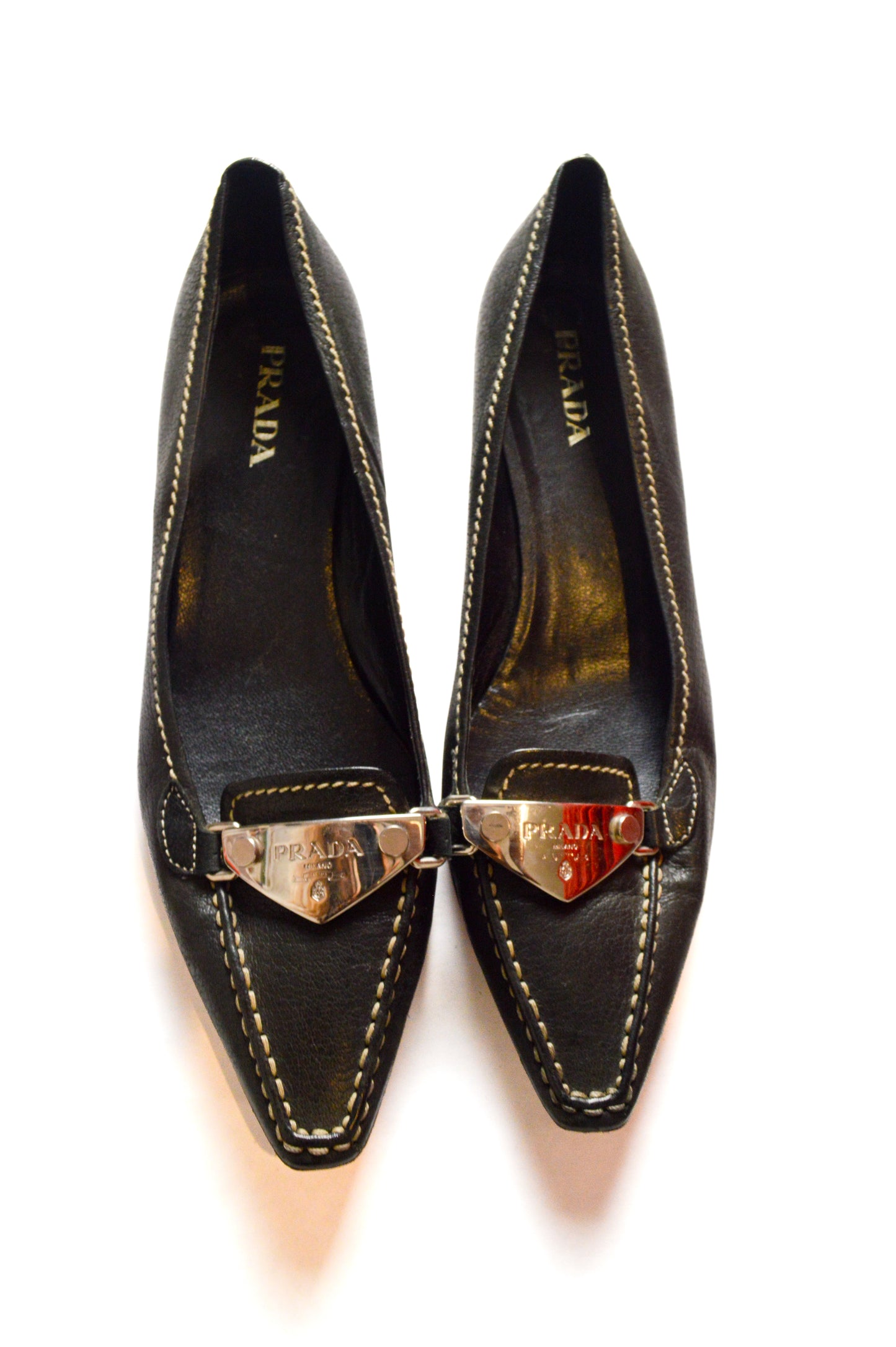 Black Prada Leather Flats With Silvertone Logo