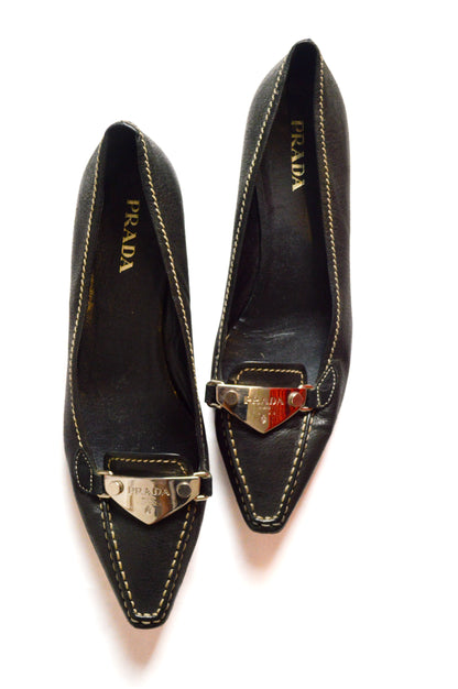 Black Prada Leather Flats With Silvertone Logo