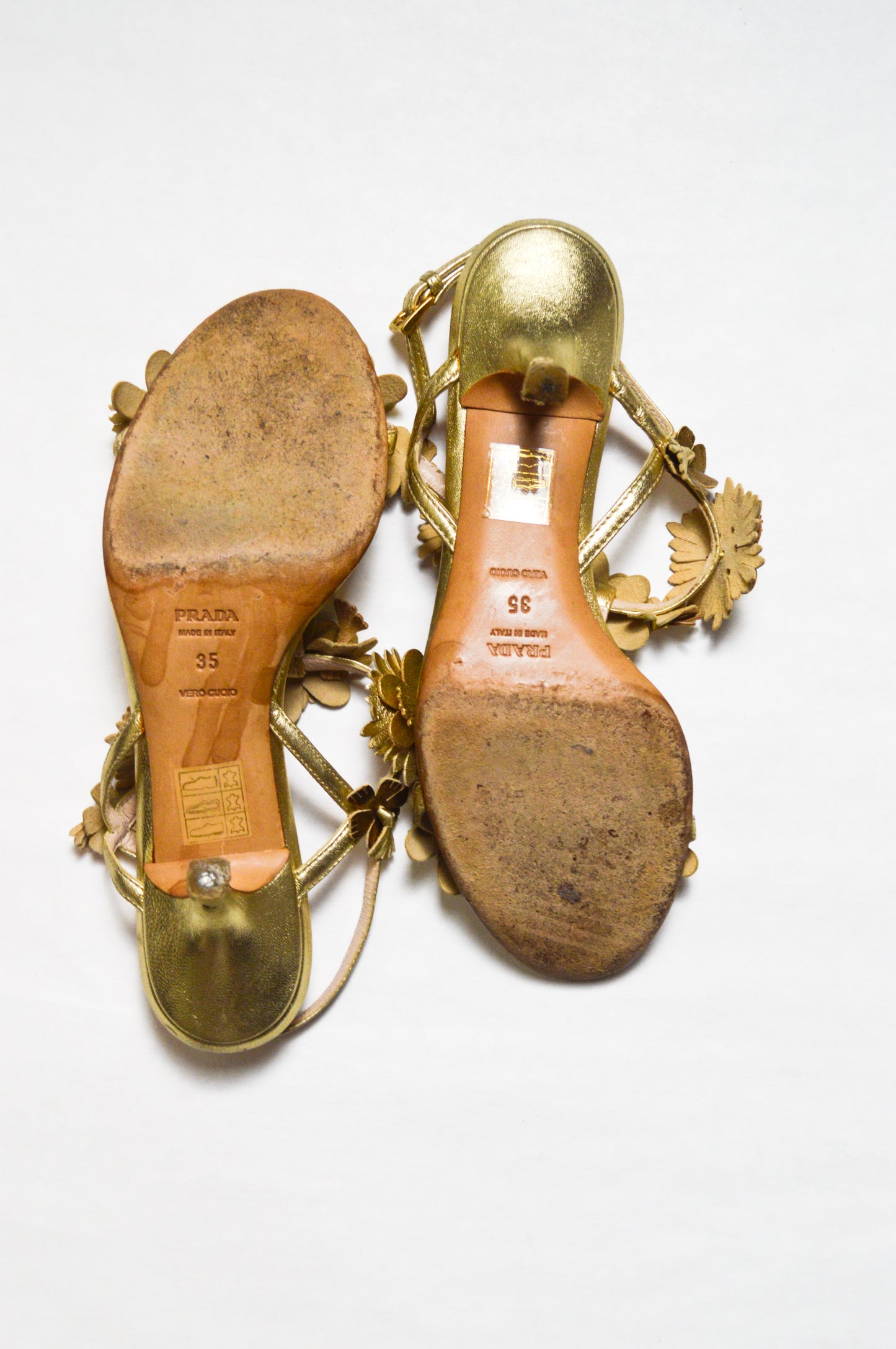 Prada Vintage Gold Metallic Floral Sandals