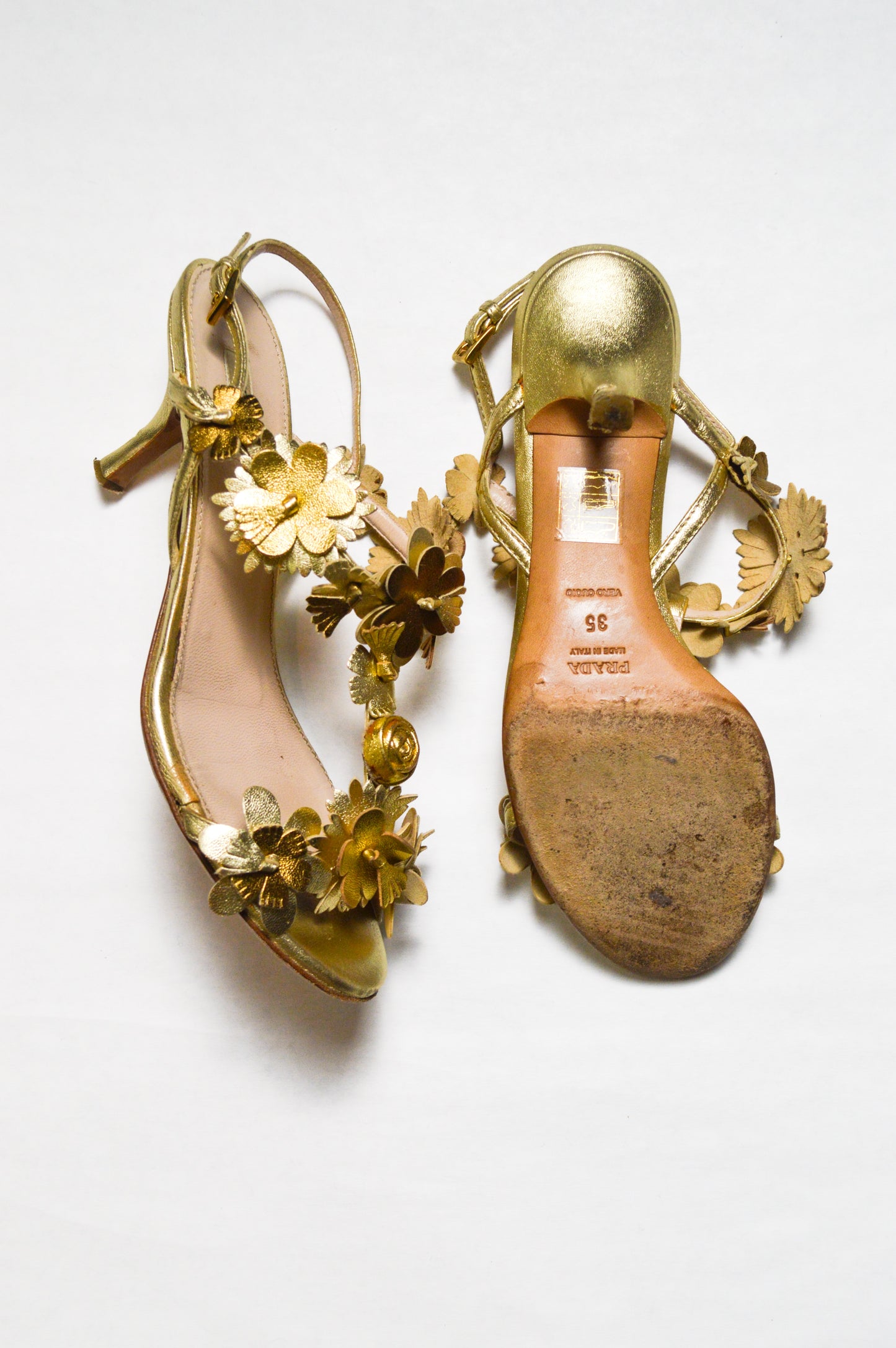 Prada Vintage Gold Metallic Floral Sandals