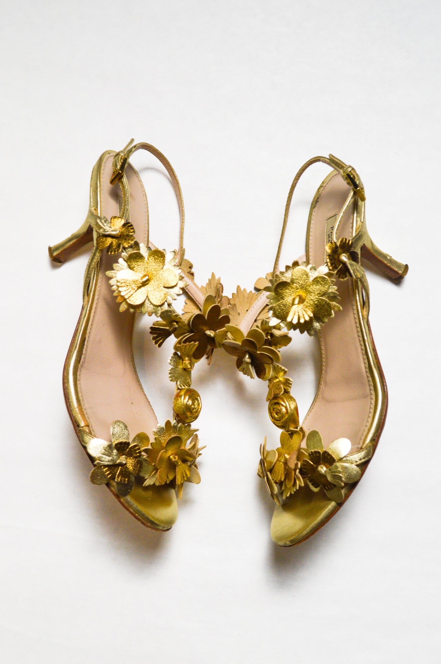 Prada Vintage Gold Metallic Floral Sandals