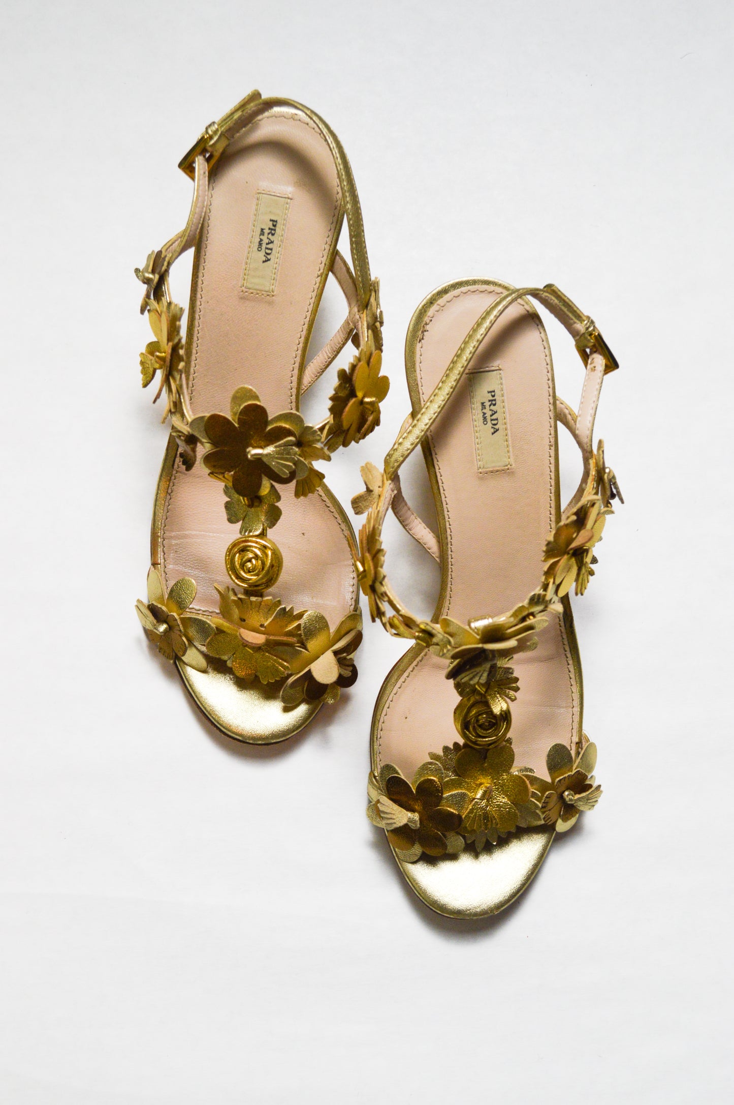 Prada Vintage Gold Metallic Floral Sandals