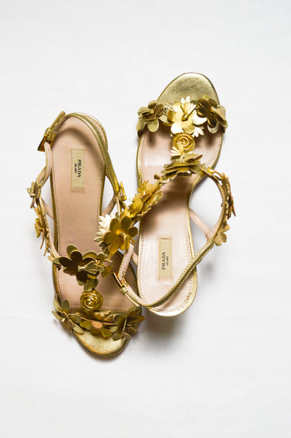 Prada Vintage Gold Metallic Floral Sandals