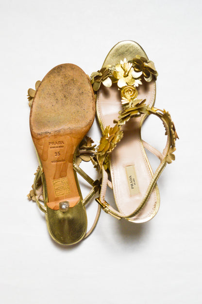 Prada Vintage Gold Metallic Floral Sandals