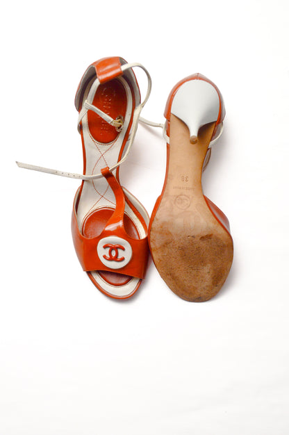 Rare Chanel Red Orange CC Peep Toe T-Strap Slingback Heels