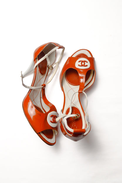 Rare Chanel Red Orange CC Peep Toe T-Strap Slingback Heels