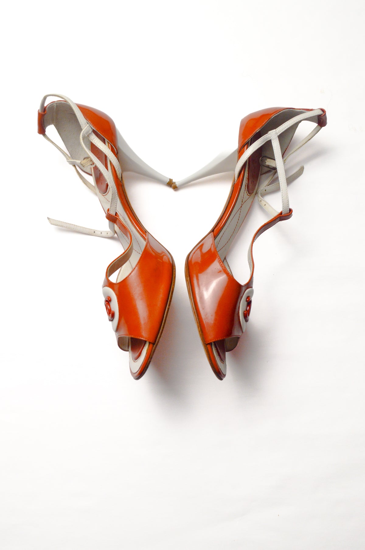 Rare Chanel Red Orange CC Peep Toe T-Strap Slingback Heels
