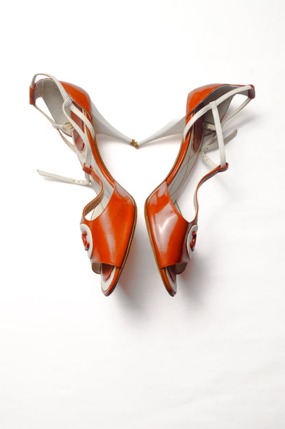 Rare Chanel Red Orange CC Peep Toe T-Strap Slingback Heels