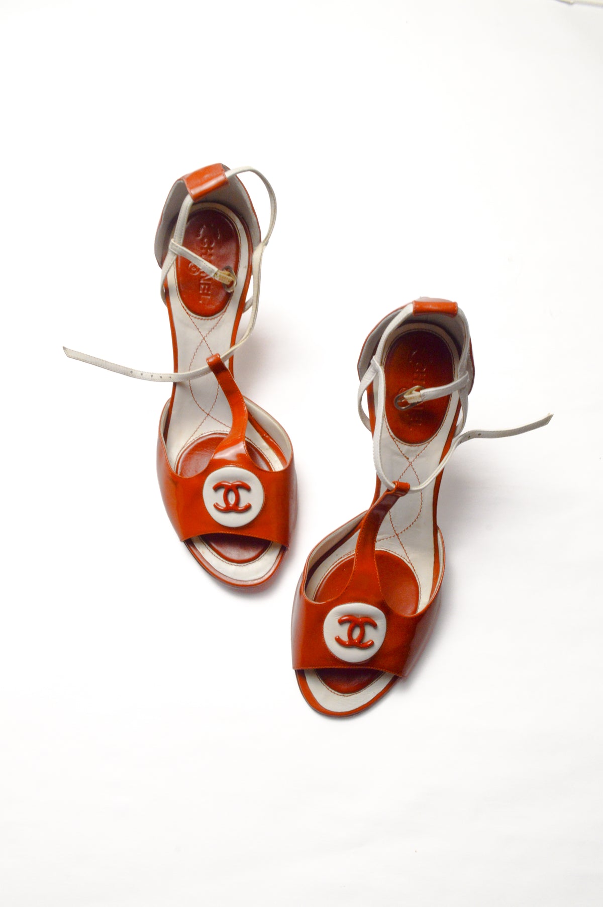 Rare Chanel Red Orange CC Peep Toe T-Strap Slingback Heels