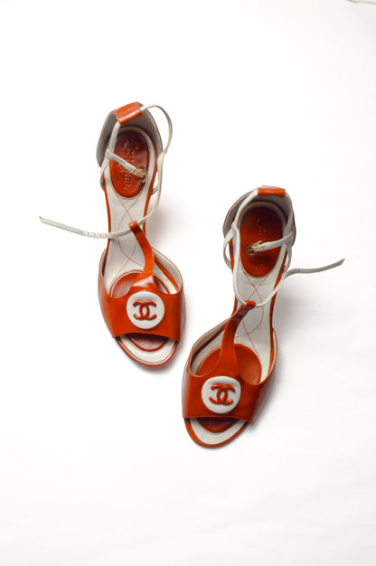 Rare Chanel Red Orange CC Peep Toe T-Strap Slingback Heels