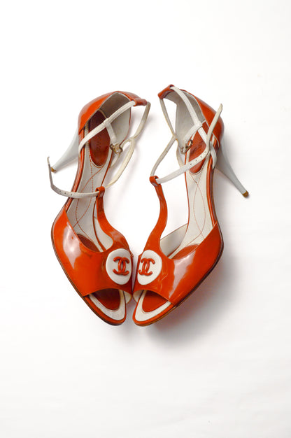 Rare Chanel Red Orange CC Peep Toe T-Strap Slingback Heels