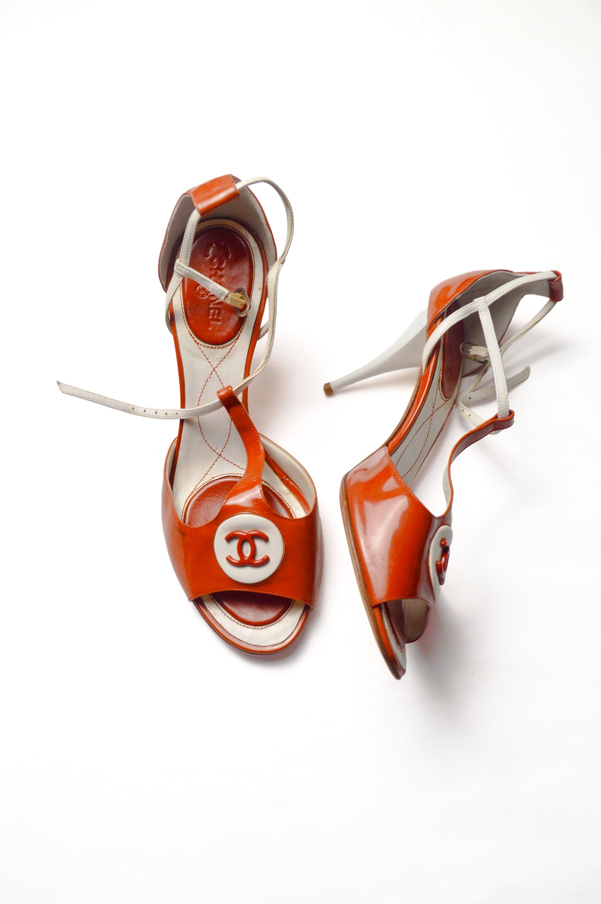 Rare Chanel Red Orange CC Peep Toe T-Strap Slingback Heels