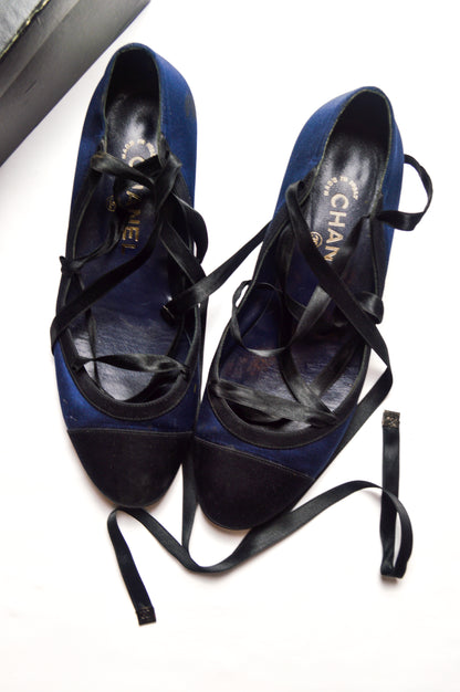 Chanel Black and Blue Satin Lace Up Ballet Kitten Heels