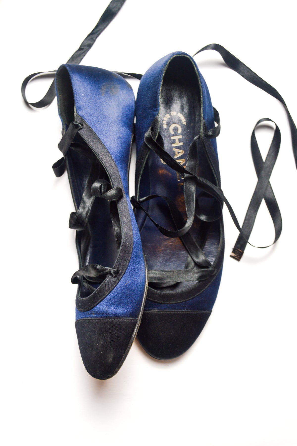 Chanel Black and Blue Satin Lace Up Ballet Kitten Heels
