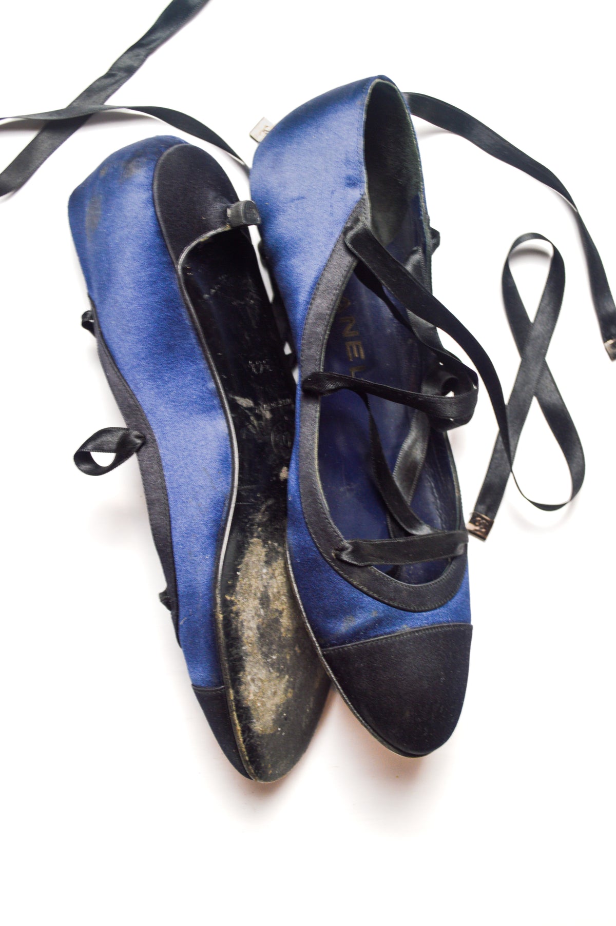 Chanel Black and Blue Satin Lace Up Ballet Kitten Heels