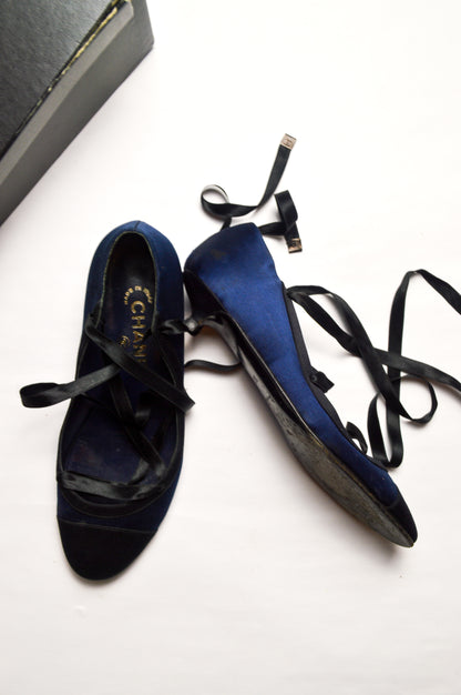 Chanel Black and Blue Satin Lace Up Ballet Kitten Heels