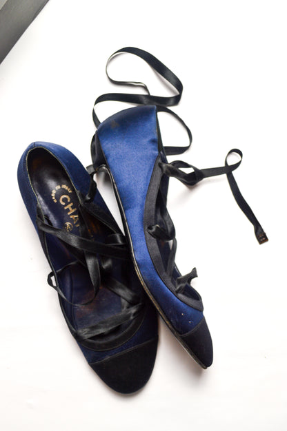 Chanel Black and Blue Satin Lace Up Ballet Kitten Heels