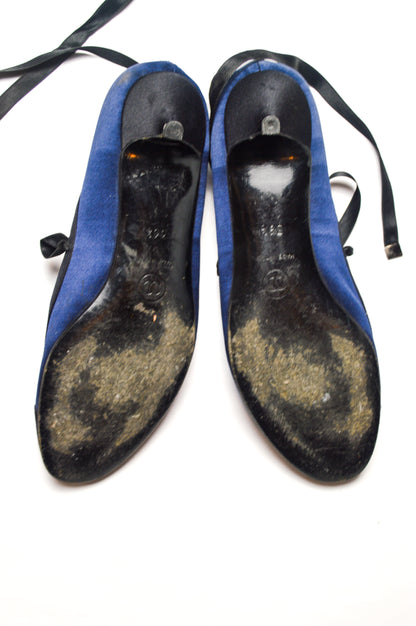 Chanel Black and Blue Satin Lace Up Ballet Kitten Heels