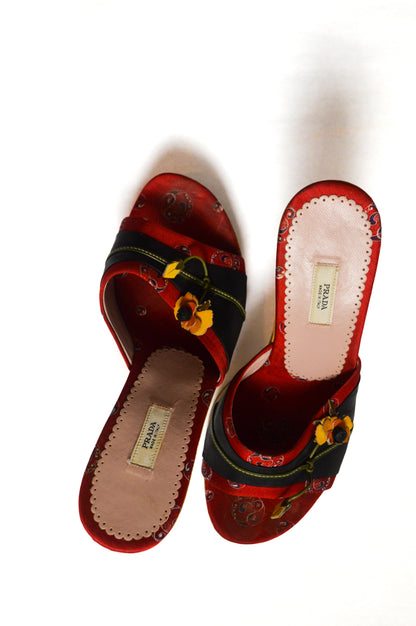 Prada Red and Black Fabric Patent Leather Clogs