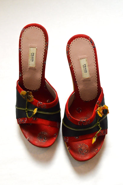 Prada Red and Black Fabric Patent Leather Clogs