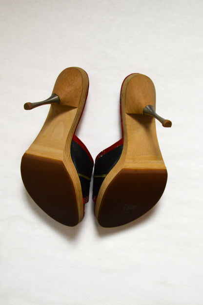 Prada Red and Black Fabric Patent Leather Clogs
